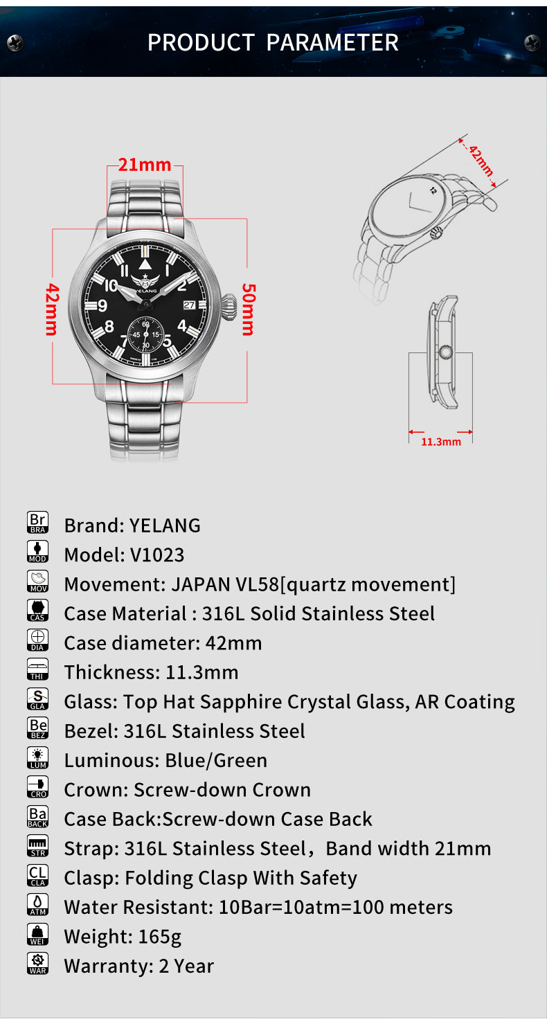 Yelang V1024 Men Brand Watches 44mm Japan miyota 82S7 Automatic Mechanical movement Luminous Men 100m Waterproof Watch business