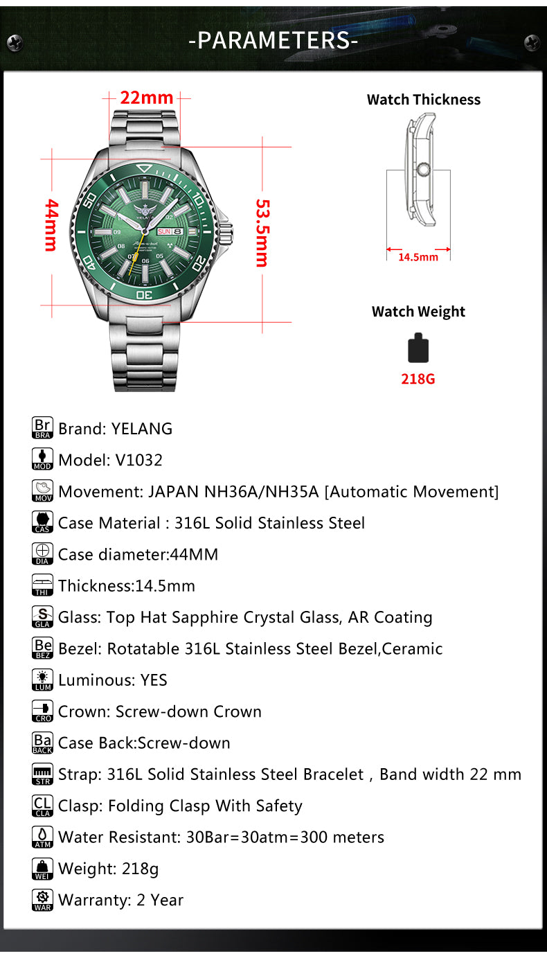 YELANG V1032S 44MM NH35/NH36 Automatic Mechanical Man Watches 30ATM 300m Waterproof Dive Watches for Man Luminous Sapphire Reloj