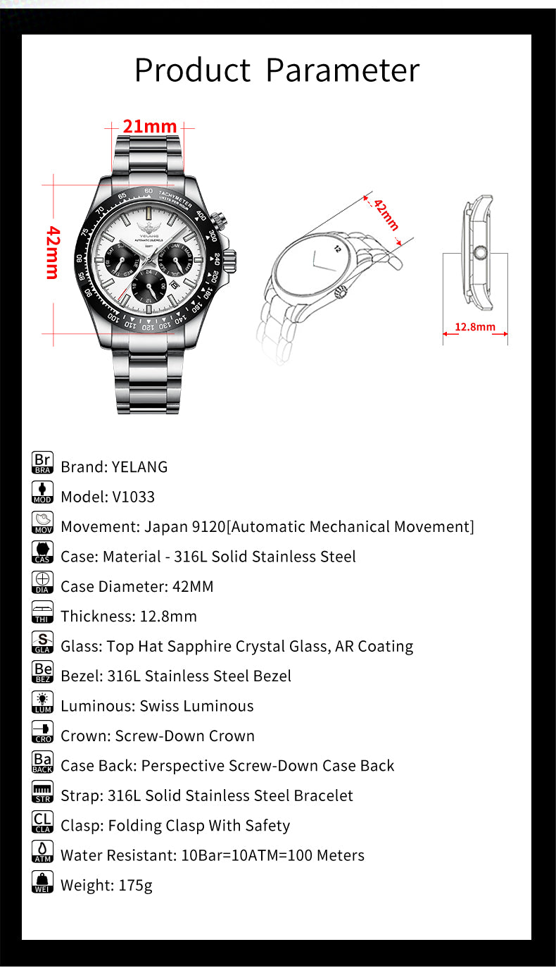 V1033 Multi-Function Automatic Watch | Miyota 9120 Movement, Sapphire Crystal, Exhibition Case Back