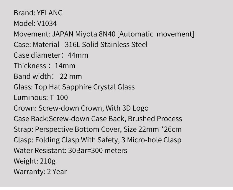 YELANG V1034 Men's Automatic Watch 44mm Japan Miyota 8N40 Movement T100 Luminous 300M Waterproof Sapphire Watchfor Men Reloj