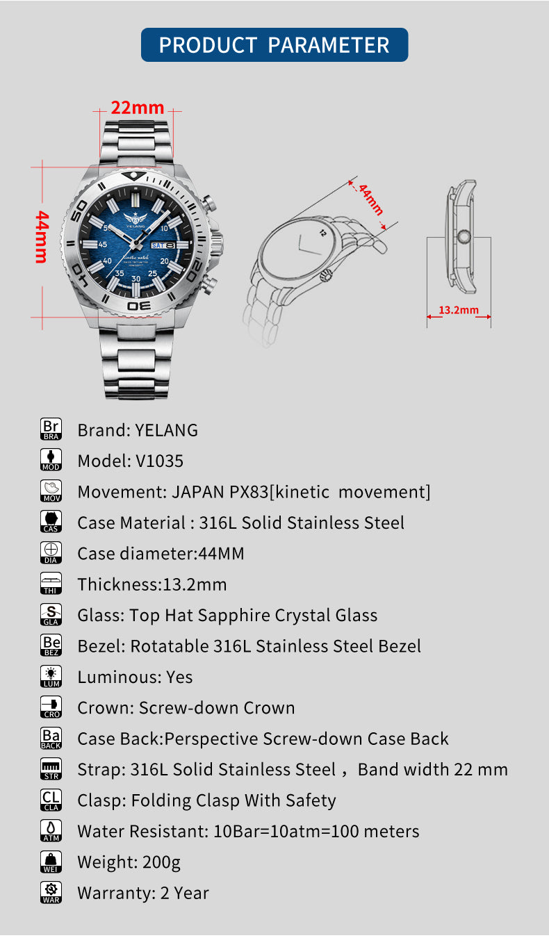 Yelang V1035 44mm Men Diving Watch Human Kinetic Energy Watch Brand 100m Waterproof Watches luminous T100 Japan PX83 Sapphire 2 sold byYelang Watch Offcial... (4.9 | 429 sold )