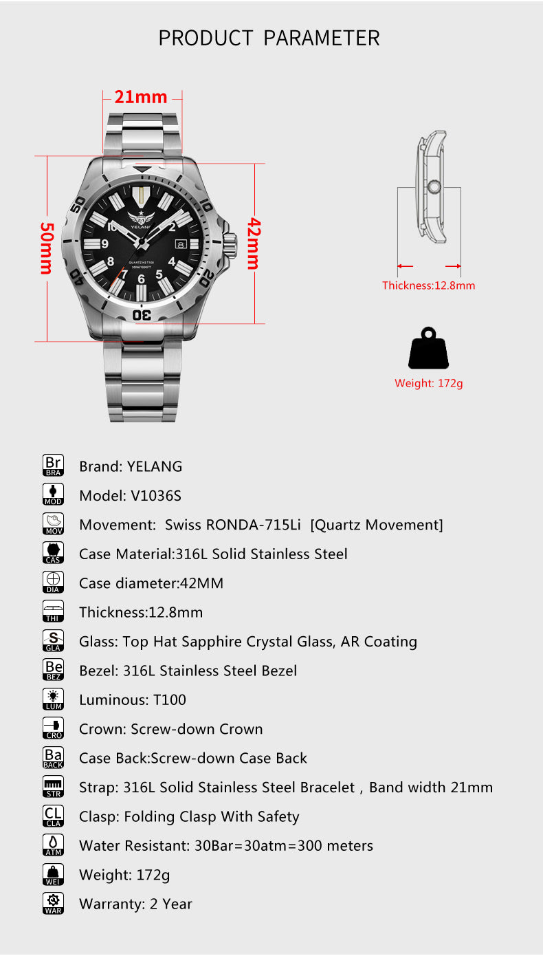 YELANG V1036S Men's Quartz Watch 42mm Swiss Ronda Movement 10-Year Battery Life 300M Waterproof Luminous Diver Watch Sapphire