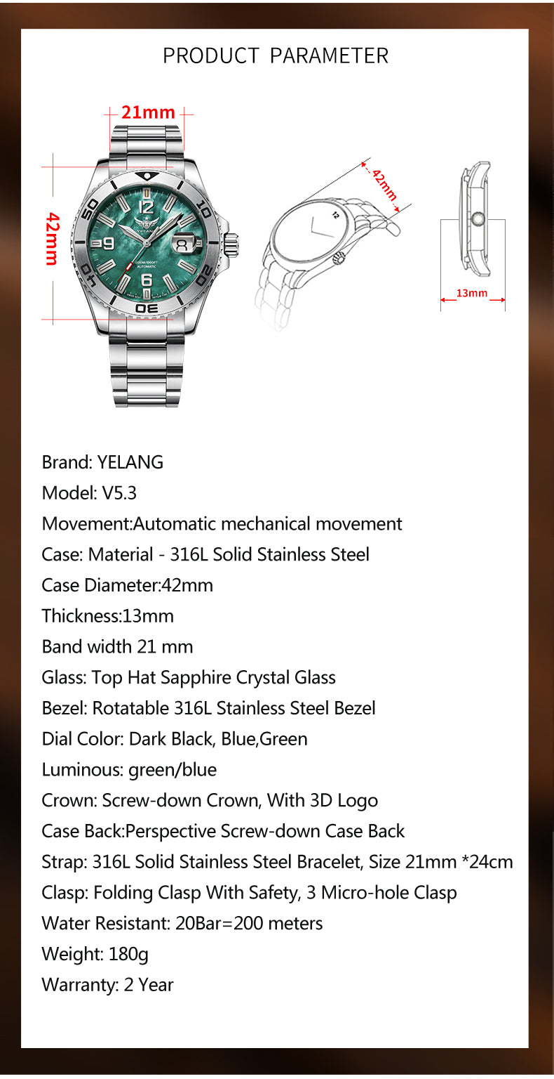 YELANG V5.3 42MM Men Automatic Mechanical Watch T100 Luminous 200M Diving Waterproof SW200 Movement Watch Sapphire 20Bar Reloj
